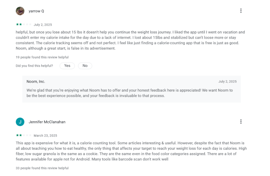Noom customer reviews sourced from Google Play