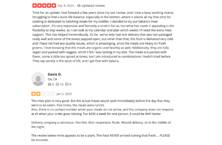 Online customer reviews regarding Sakara meal delivery service