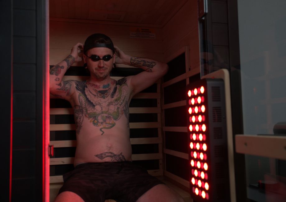 A man sitting inside the SaunaBox Solara