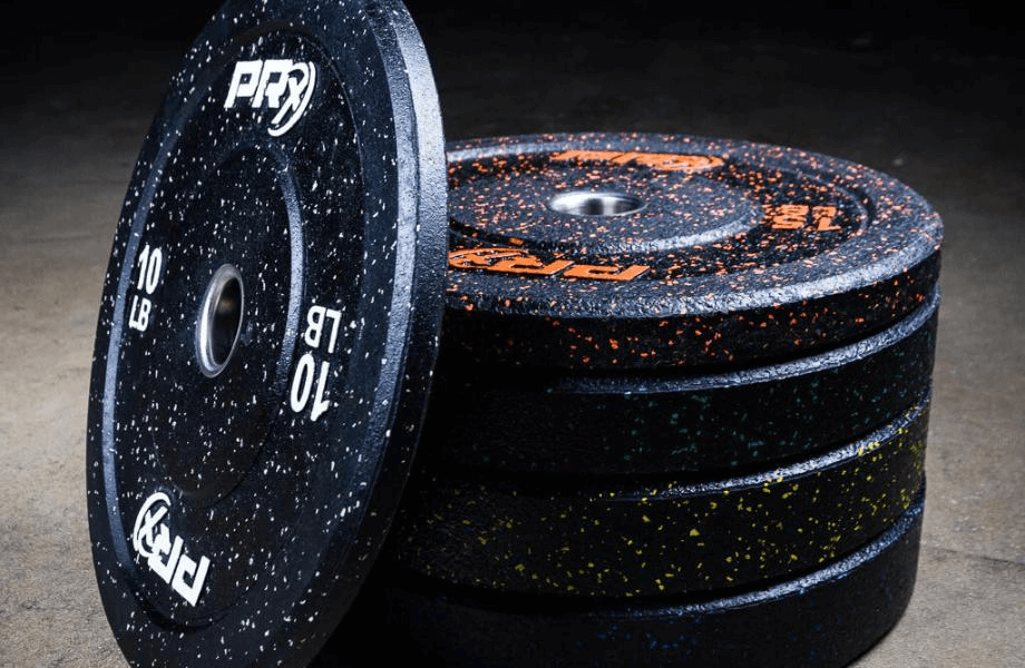 A stack of PRx Crumb Rubber Bumper Plates