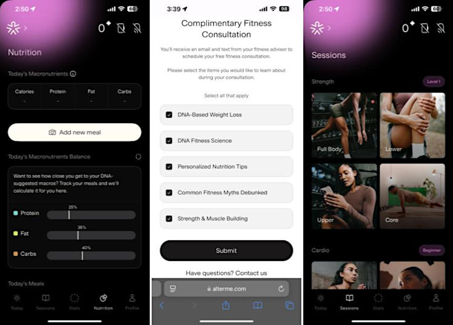 Screenshots of the Alter Me app