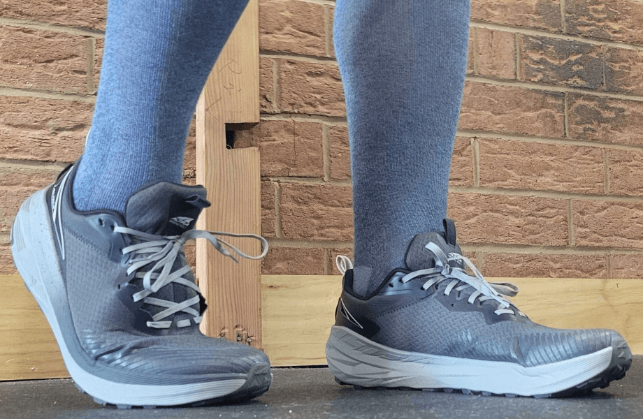 Our teter wearing a pair of Altra Escalante Wild 2 running shoes