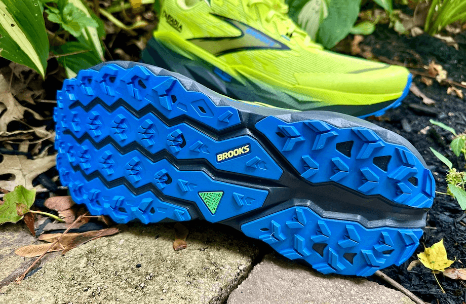 The TrailTack Green outsole featured on the Brooks Cascadia 19 trail running shoe