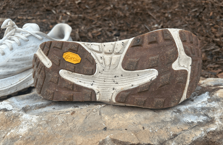 The Vibram outsole of the Topo Athletic Ultraventure 4 trail running shoes after roughly 150 miles