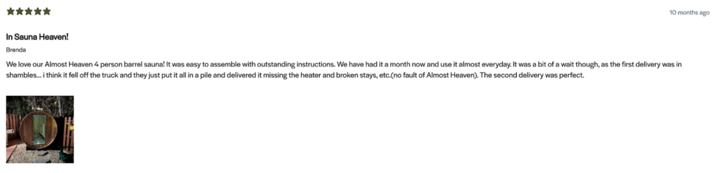 A screenshot of a positive review of the Almost Heaven Morgan Barrel Sauna