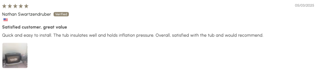 A screenshot of a positive review on the Nordik Recovery Ice Tub