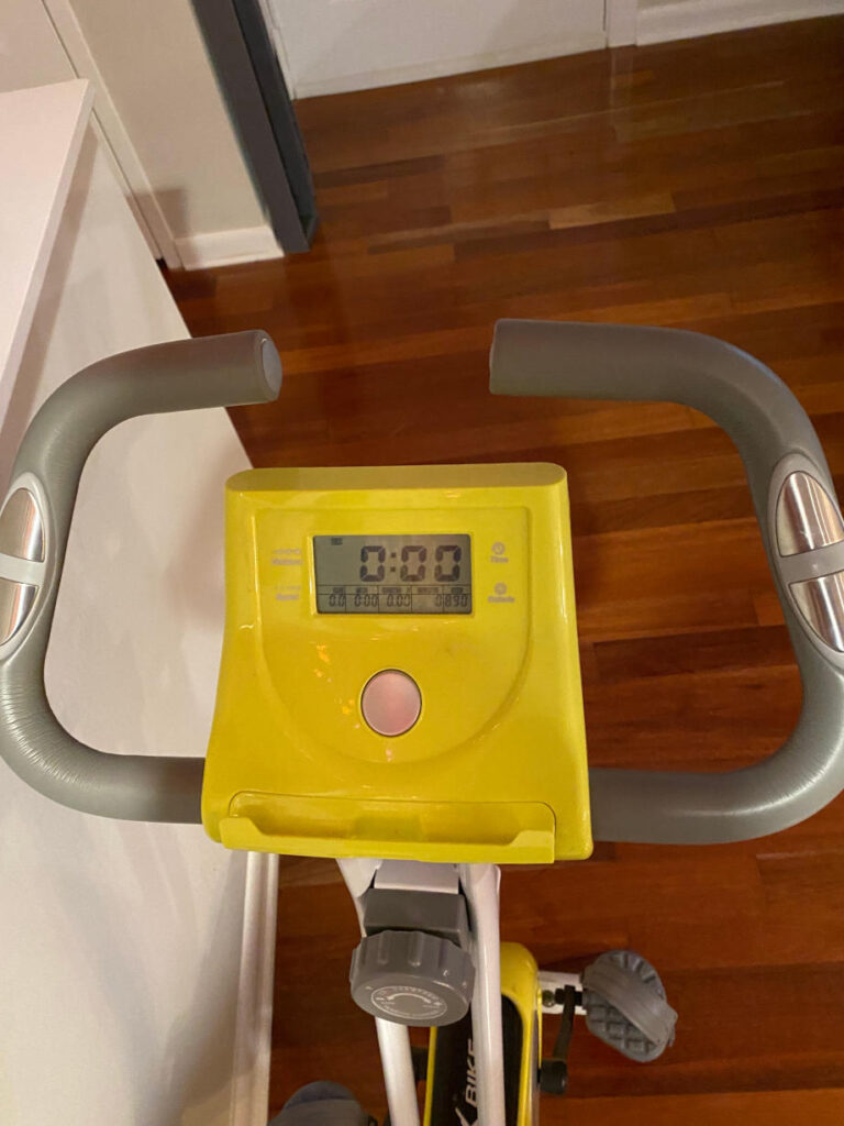 A close look at the console on a LEIKI X-Bike Ultra Quiet folding exercise bike.