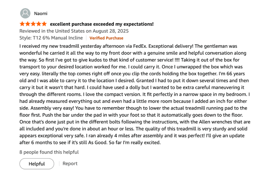 An online customer review for the MERACH T12 treadmill