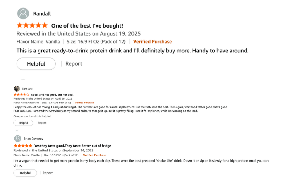 Online customer reviews for Huel Ready-to-Drink meal replacement shake