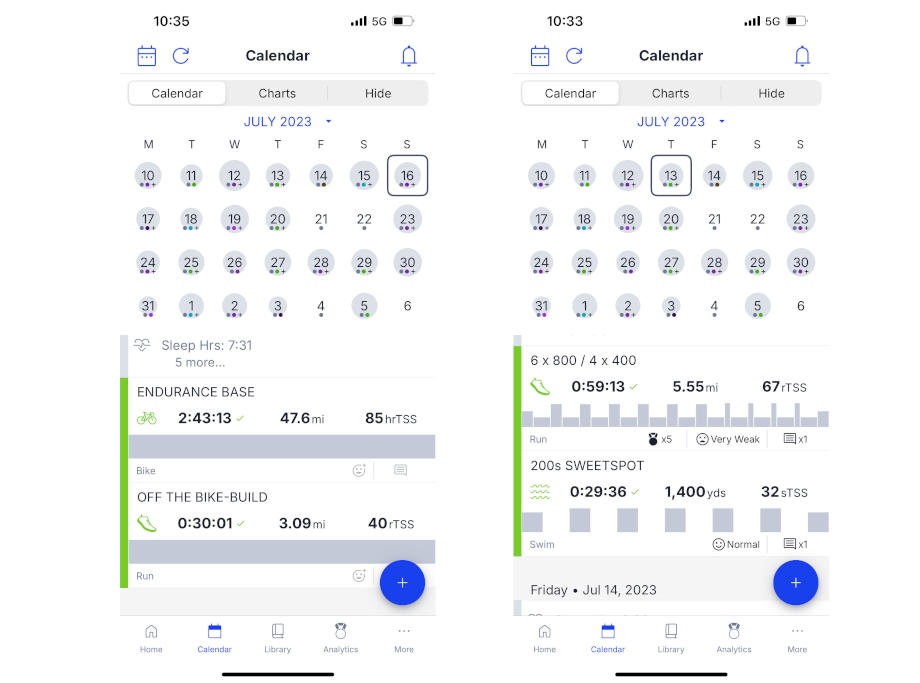 Screenshot of calendar features in the TrainingPeaks App