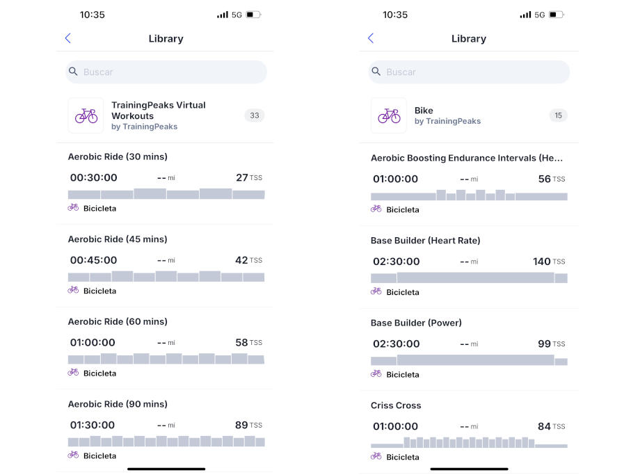 Screenshot of Virtual Workout Libraries in the TrainingPeaks App