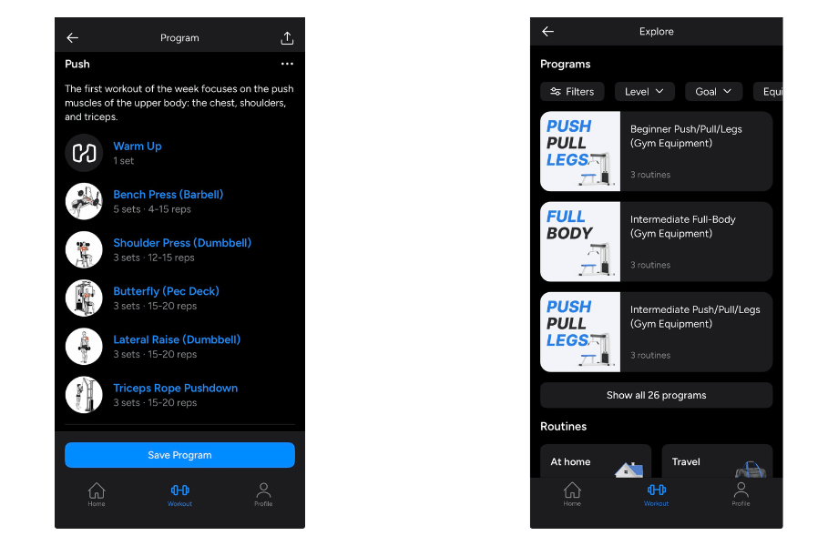 Some screenshots of Hevy's workout and exercise libraries