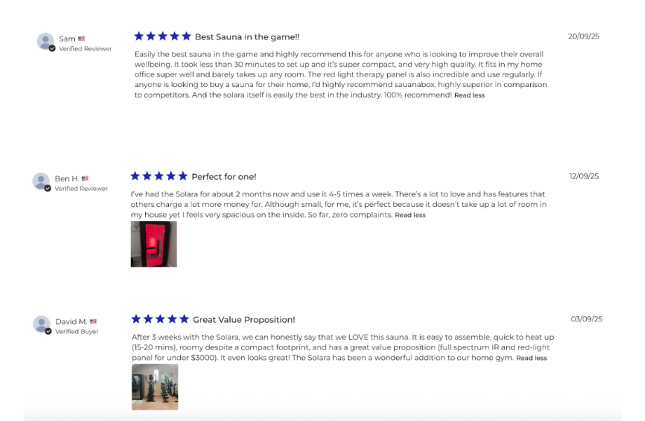 Online customer reviews for the SaunaBox Solara