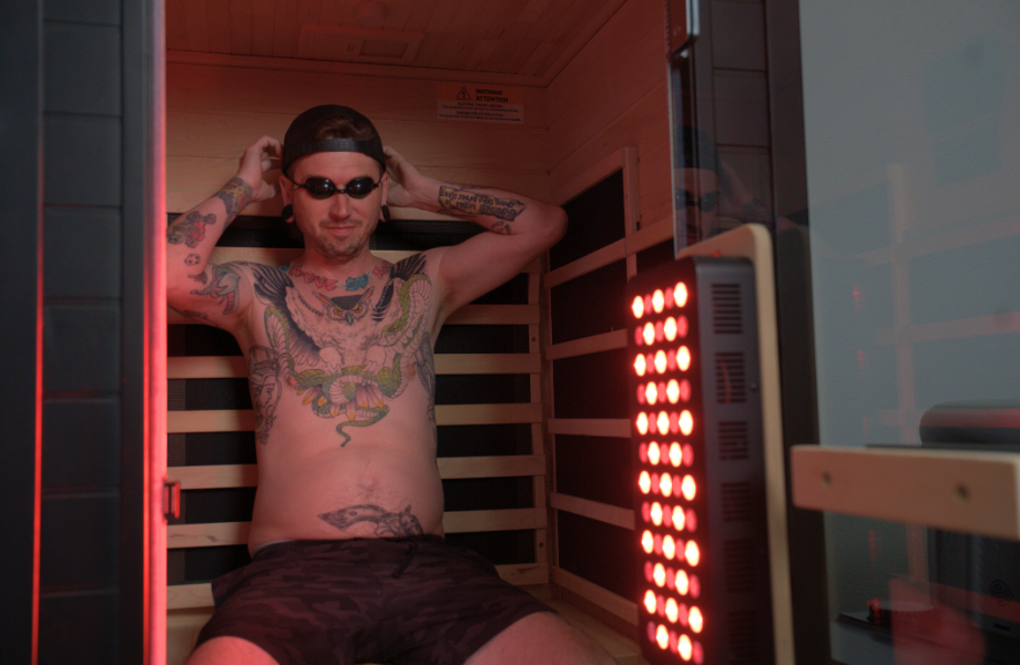 Our tester getting nestled into a recovery session with the SaunaBox Solara