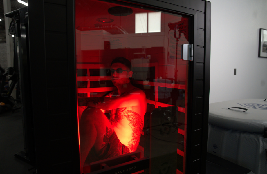 Our tester mid-session in the SaunaBox Solara infrared sauna