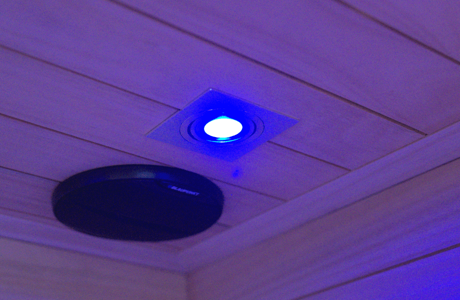 Bluetooth-capable Blaupunkt speakers and integrated chromotherapy light fixtures offered with the Sun Home Equinox infrared sauna