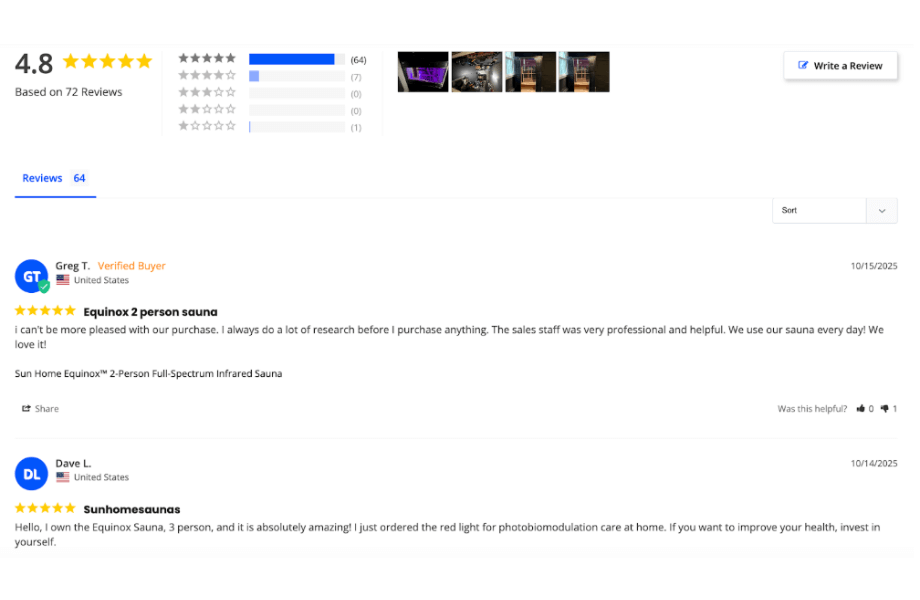 Online customer reviews for the Sun Home Equinox infrared sauna