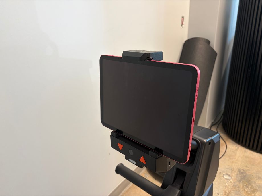 An iPad connected to the Aviron Strong Go Rower