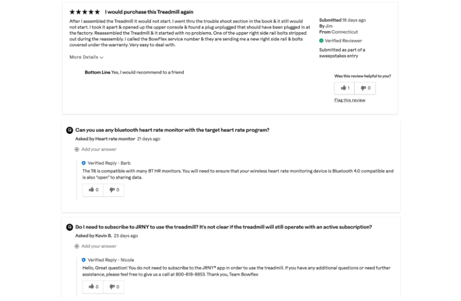 Online customer reviews for the Bowflex T6 treadmill