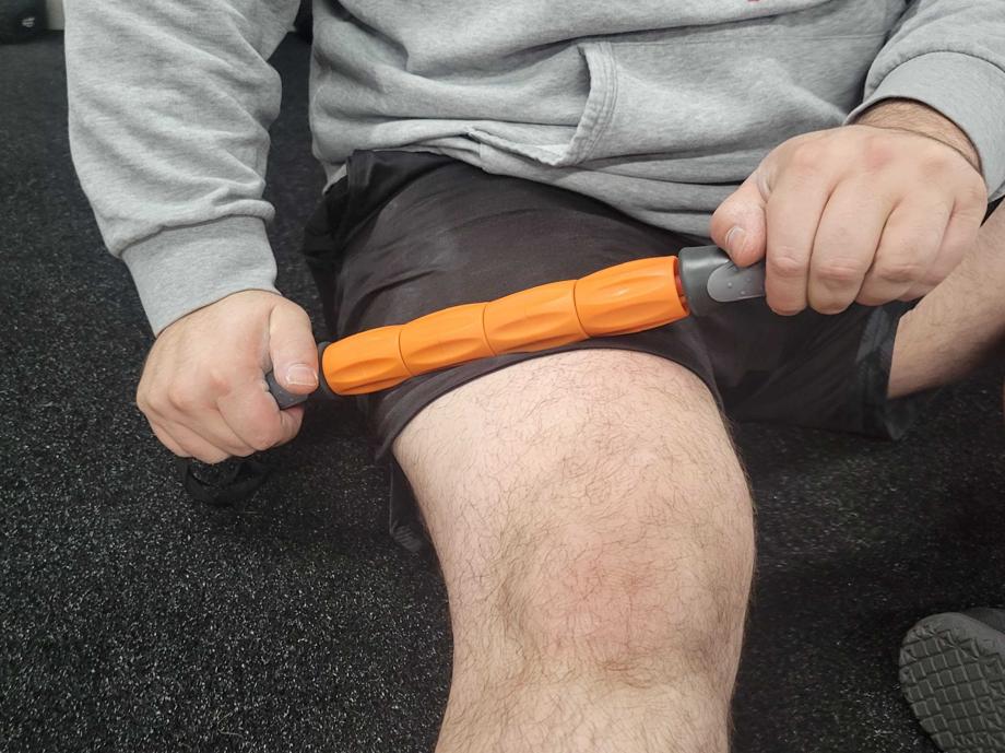 Our tester using the REP 3-in-1 Foam Roller