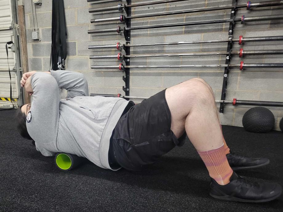 Our tester using the TriggerPoint Grid 1.0 foam roller