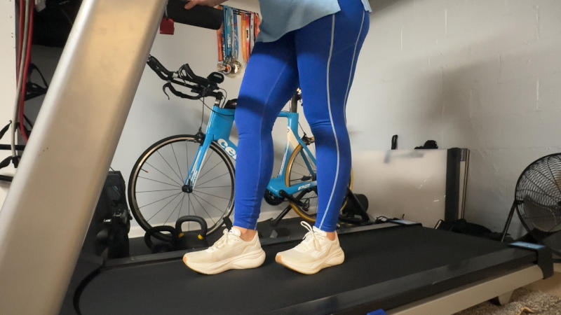 Our tester on a treadmill with the Maverick V1 Runner Shoes