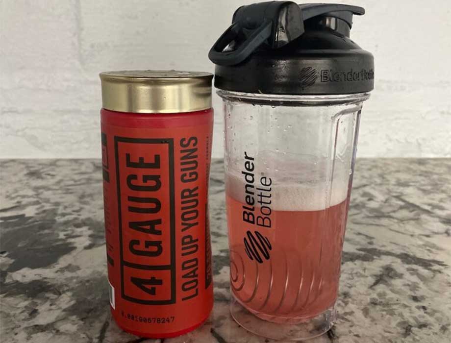 4 guage pre-workout in a shaker bottle