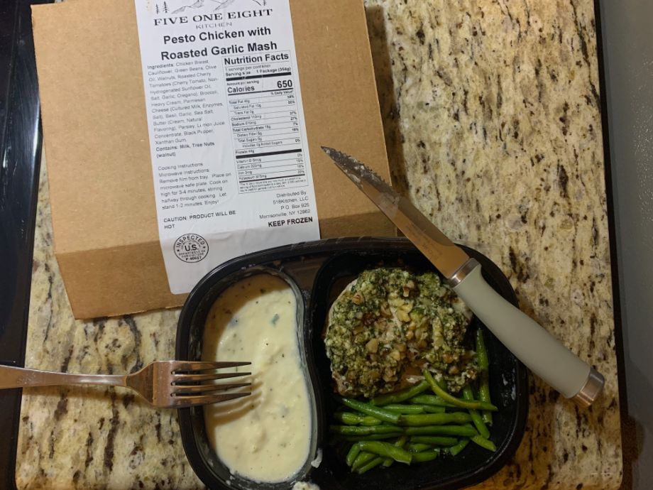 A pesto chicken meal is shown from the 518 Kitchen meal delivery service.