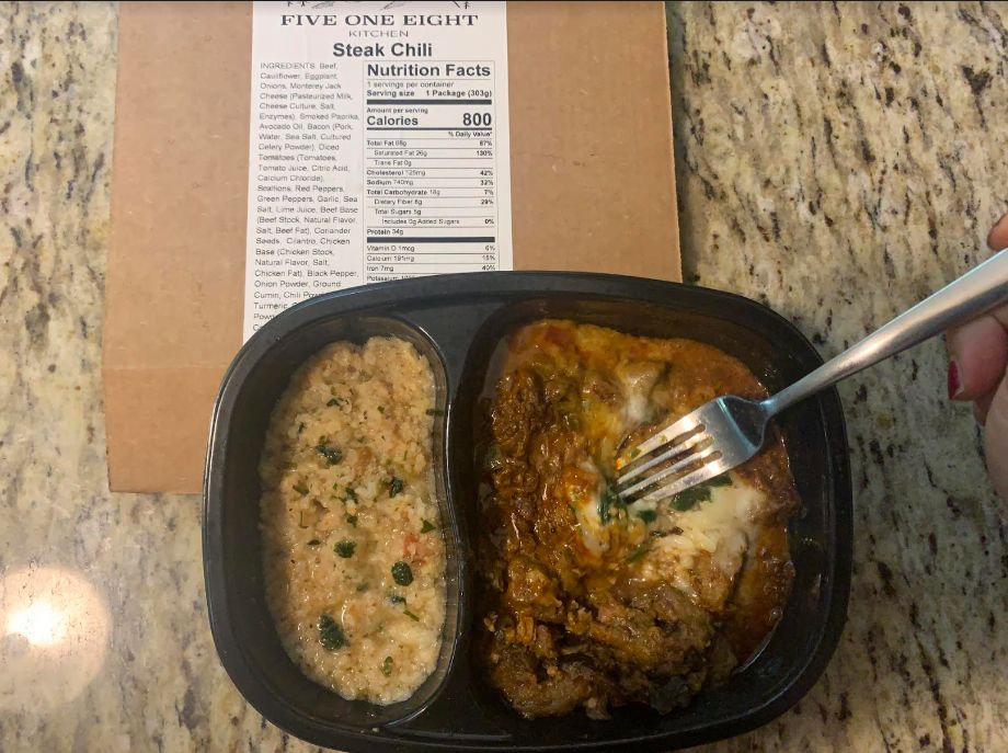A steak and chili meal is shown from the 518 Kitchen meal delivery service.
