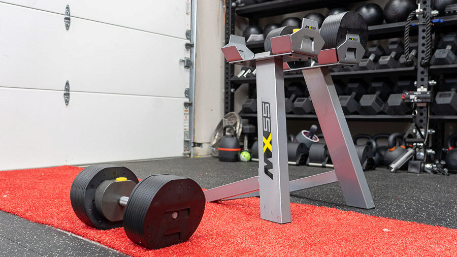 Adjustable dumbbells sitting next to the silver MX55 stand.