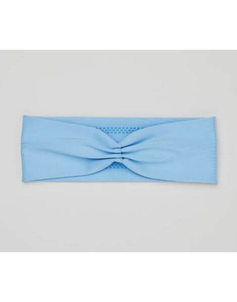 alo yoga airlift headband blue on tan background