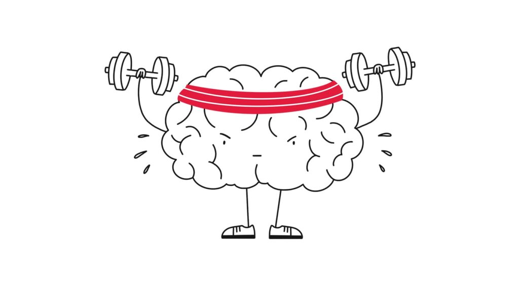 A graphic image of a cartoon brain lifting dumbbells, depicting how exercise is important for mental health