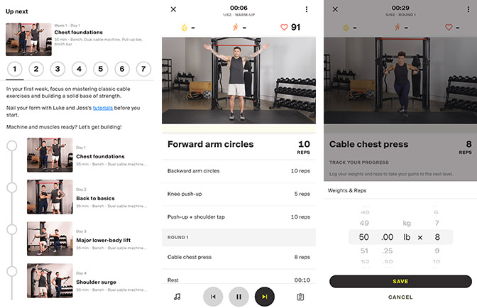 Screenshots show a workout with logbook in the Centr app