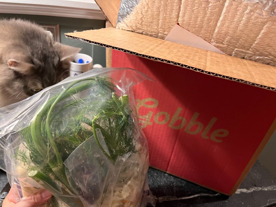 Holding produce in front of Gobble box order