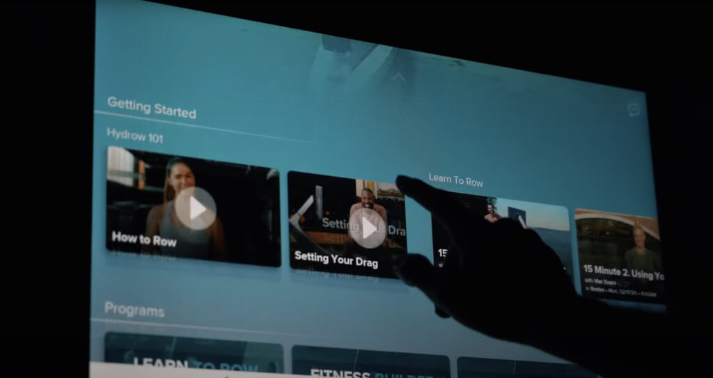 Photo of the screen on the Hydrow rowing interactive programming app.