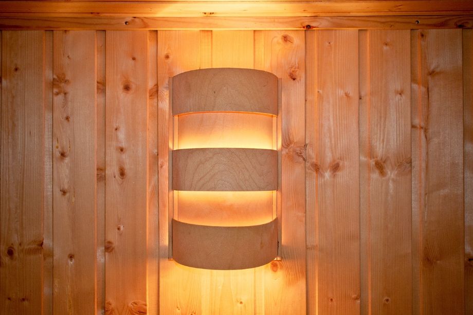 Close up photo of a light inside a sauna
