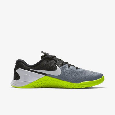 lime green, gray, and black Nike Metcon 3