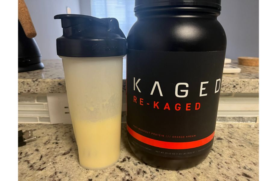 Kaged Nutrition Re-Kaged protein powder in shaker bottle