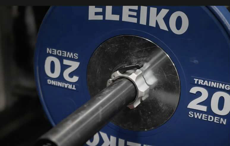 Rogue Ohio Bar with an Eleiko blue bumper plate. The words 'training, 20, and Sweden' are all on the bumper plate.