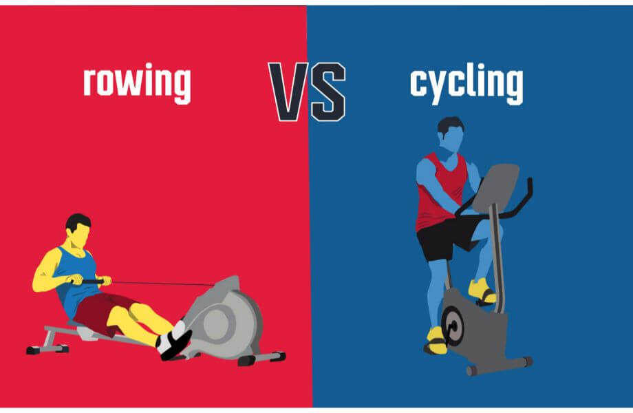rowing vs cycling graphic red and blue background with equipment