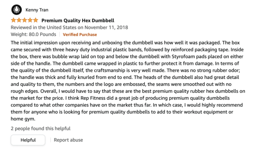 An Amazon review for the REP Fitness Rubber Hex Dumbbells. 