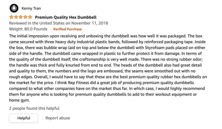 An Amazon review for the REP Fitness Rubber Hex Dumbbells.