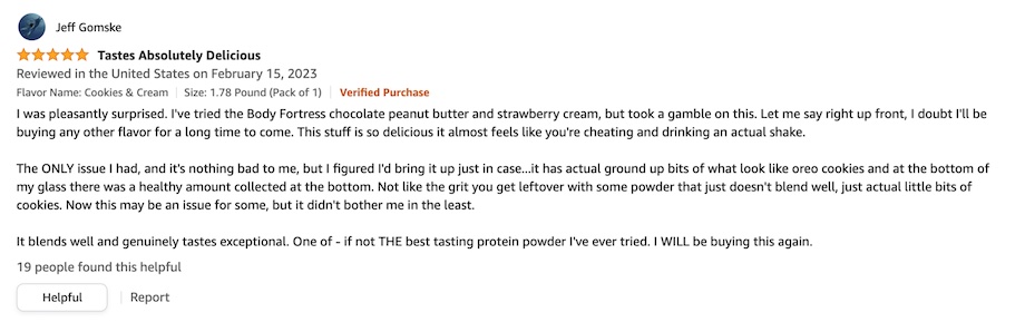 A positive review of the Body Fortress Whey Protein