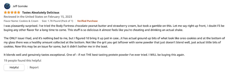 A positive review of the Body Fortress Whey Protein