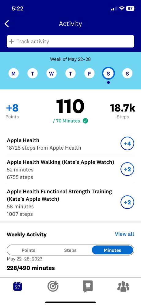 snapshot of WW app: activity tracking