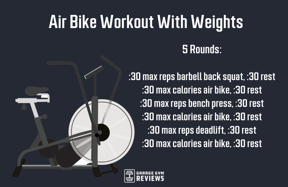 air bike workout with weights black background graphic