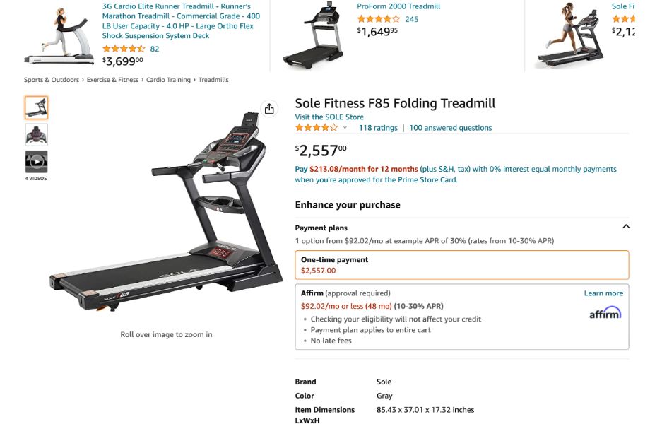 A screencap of an Amazon checkout screen for a Sole treadmill