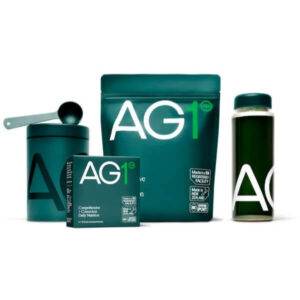 Athletic greens product photo green packaging with letters AG