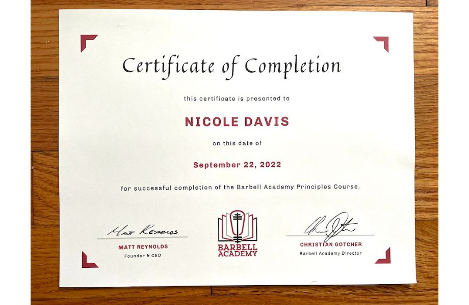 barbell academy certificate of completion