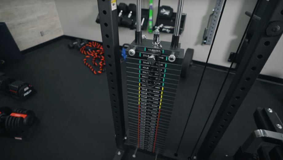 Weight stack on the Bells of Steel Lat Pulldown machine.